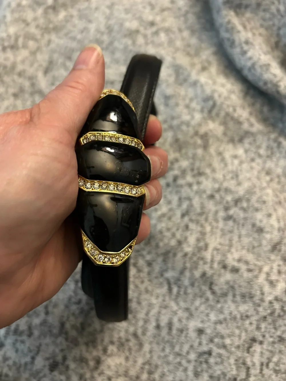 Vintage Gail Labelle 80s Jeweled Belt Black Leather Thin Belt Statement Buckle